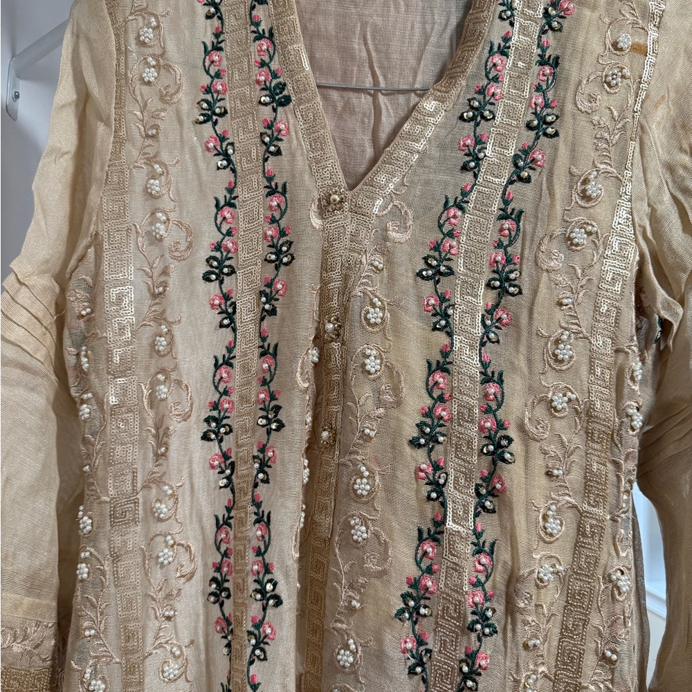 Agha noor Cotton net shirt with embroidery and pearl work